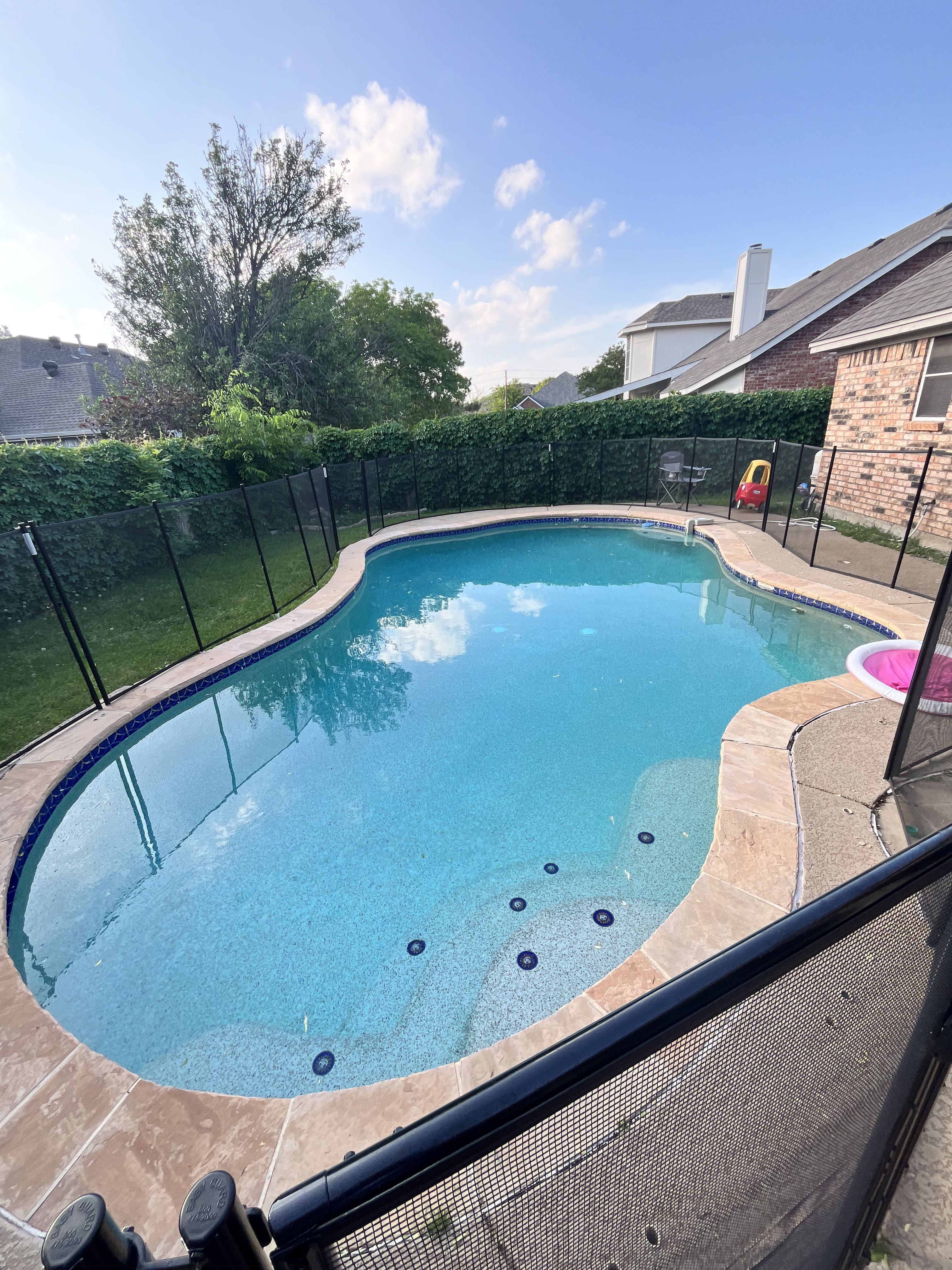 Clear freeform backyard swimming pool in Grand Prairie TX after debris removal and weekly pool maintenance near Joe Pool Lake