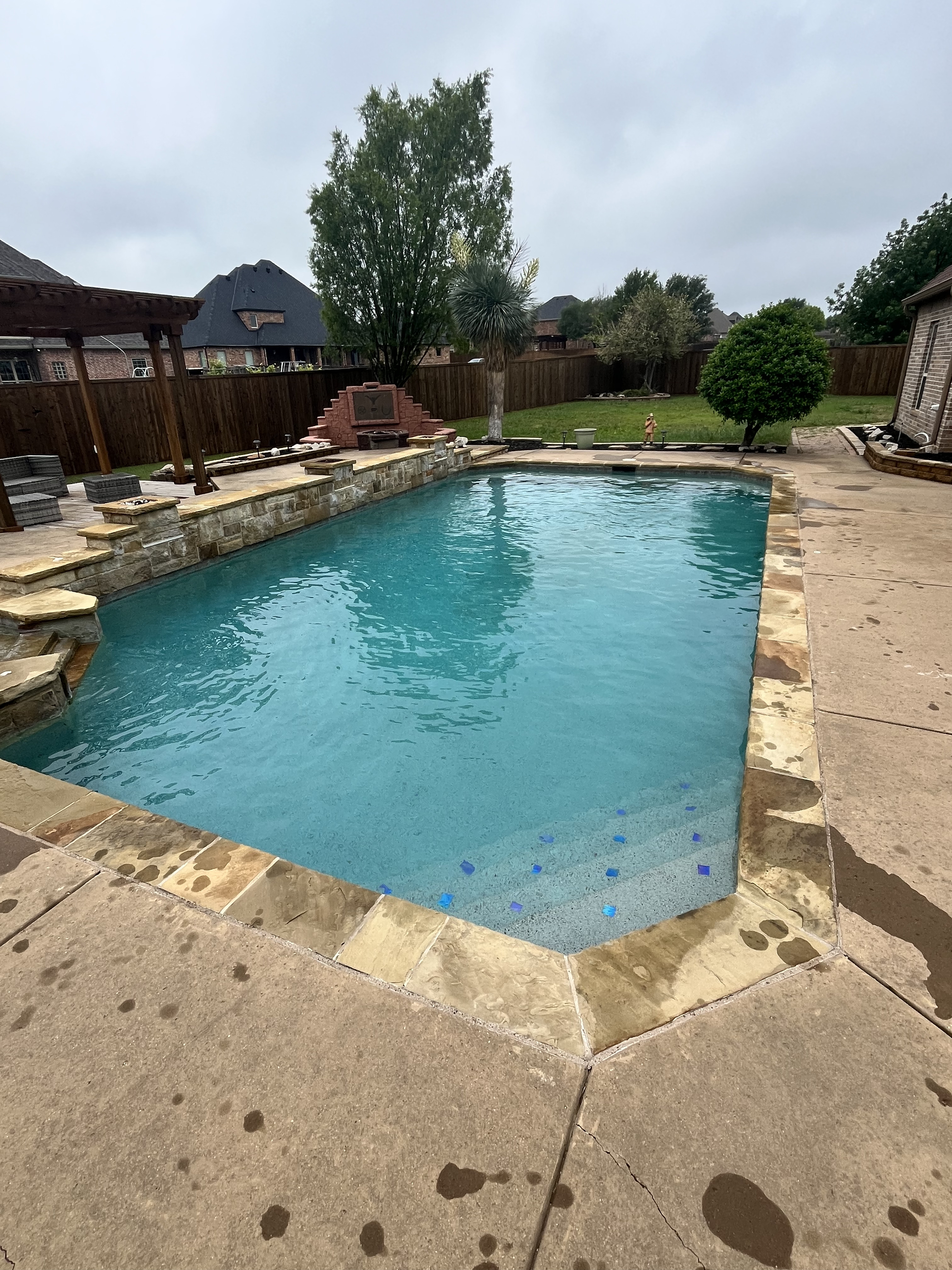 Sparkling clean rectangular backyard pool in Dallas TX maintained with weekly pool cleaning, brushing, and chemistry adjustments
